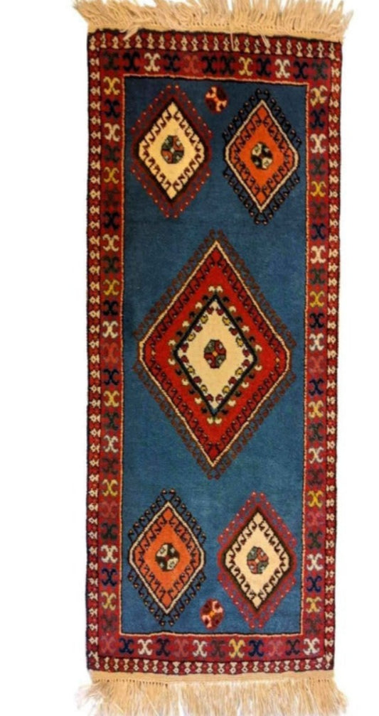 100 x 60 cm Persian Yalameh Tribal Blue Small Rug - Rugoutlet