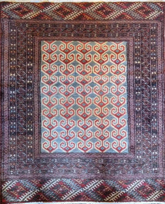 An Old Bukhara Tribal Beige Wool Small Rug with beige field and blue geometric patterns, measuring 119 x 92 cm.