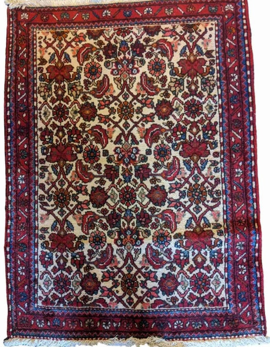 120 x 90 cm Persian Hamadan Geometric Beige Small Rug - Rugoutlet