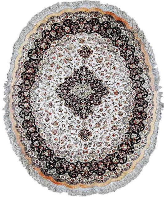 134 x 210 cm Fine Persian Oval Ghom silk Round Black Rug - Rugoutlet