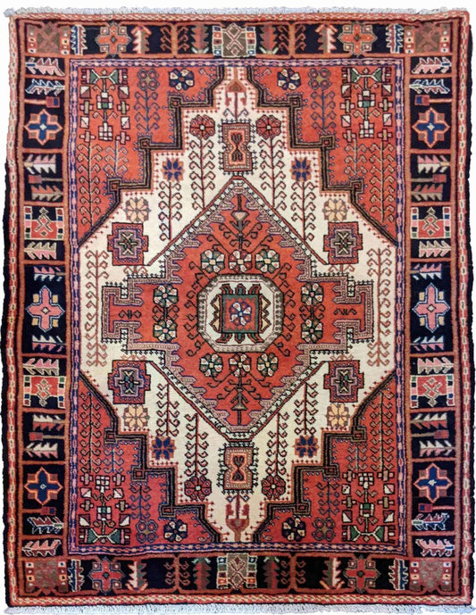 150 x 110 cm Persian Hamadan Traditional Terracotta Rug - Rugoutlet
