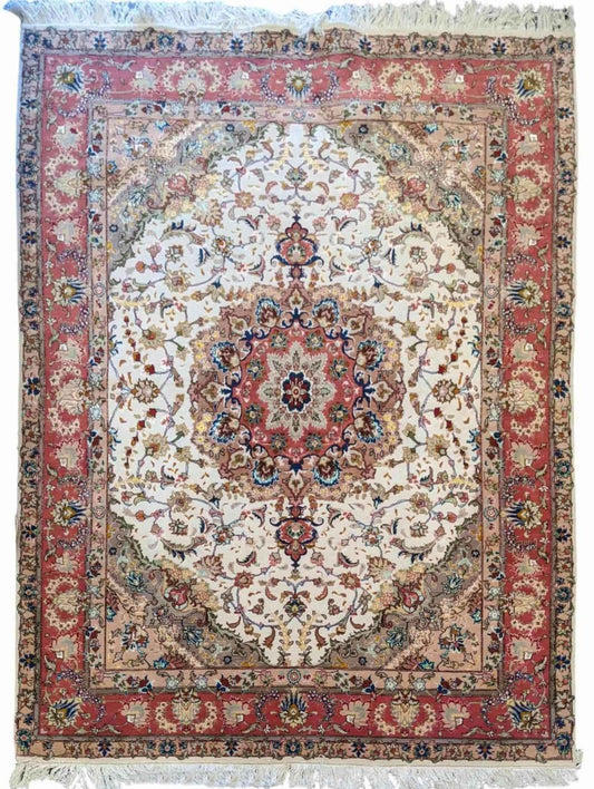 200 x 150 cm Persian Tabriz Silk White Rug - Rugoutlet