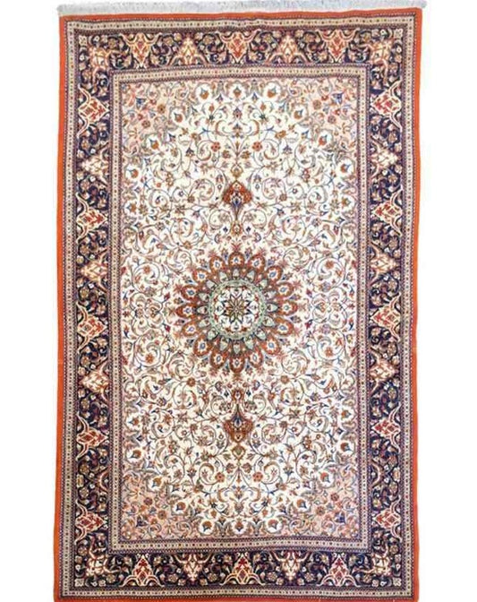 216 x 136 cm Persian Handmade Qum Traditional White Rug - Rugoutlet