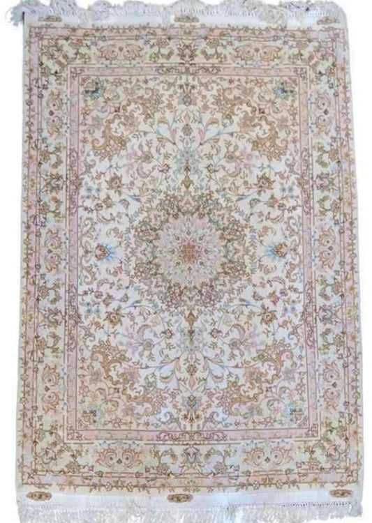 220 x 147 cm Fine Persian Tabriz Silk Traditional Beige Rug - Rugoutlet