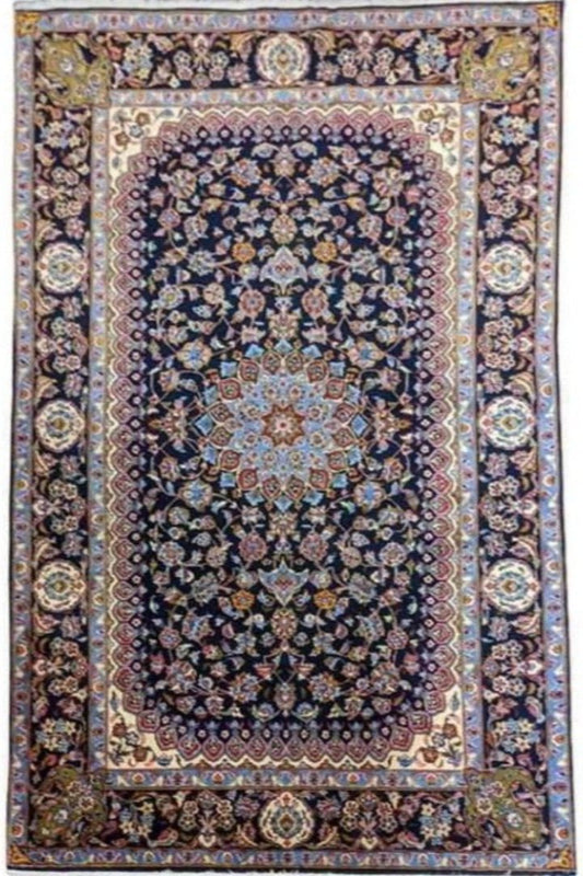 227 x 140 cm Fine Kashan Traditional Blue Rug - Rugoutlet