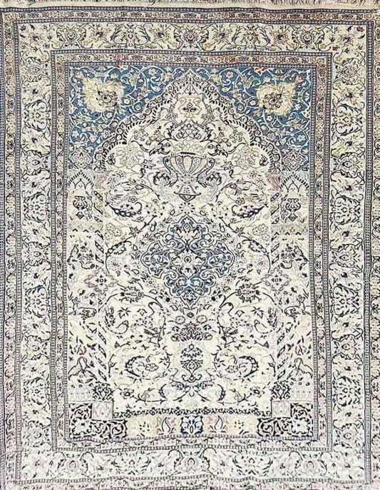 236 x 154 cm Persian Isfahan Floral Handmade Ivory Rug - Rugoutlet