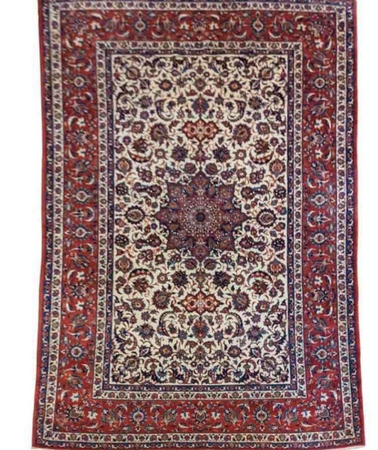 250 x 150 cm Old Fine Isfahan Traditional Red Rug - Rugoutlet