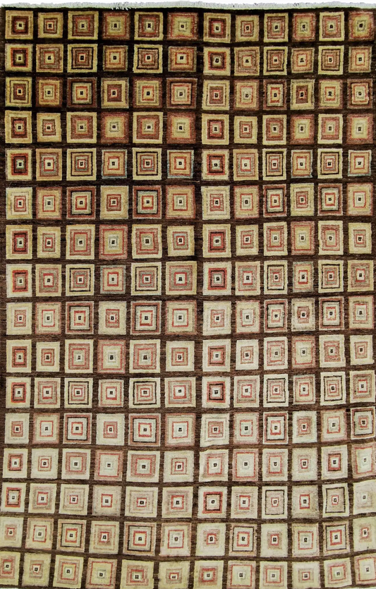 A contemporary wool rug with a geometric concentric square design in earthy tones, featuring a mix of brown, beige, and other colors.