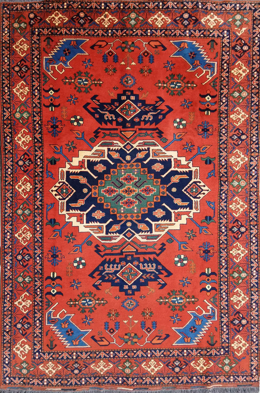 A rectangular, traditional wool rug