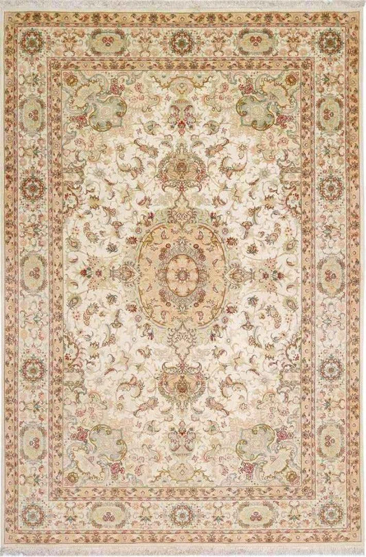 300 x 200 cm Fine Persian Tabriz Silk & wool Beige Traditional Large Rug - Rugoutlet