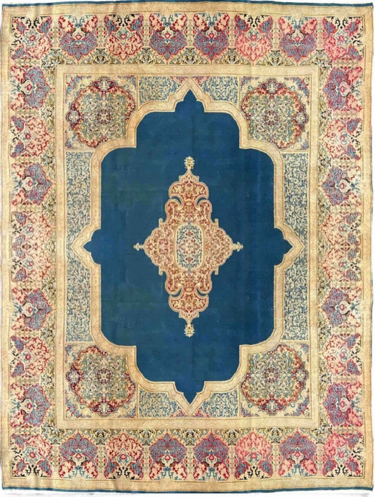 367 x 268 cm Old Persian Kerman Traditional Blue Rug - Rugoutlet