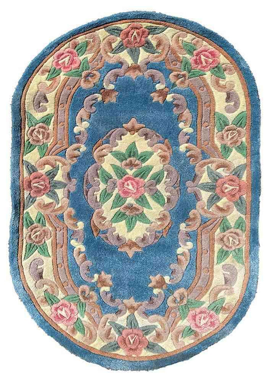 5ft x 3ft Chinese Tufted Round Blue Rug - Rugoutlet