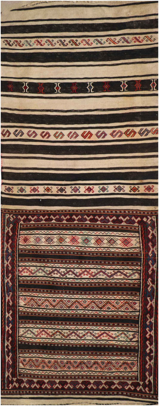 201x75cm Baluch Sumak (Soumak) Kilim Tribal Wool Handmade Beige and Black rug - Rugoutlet
