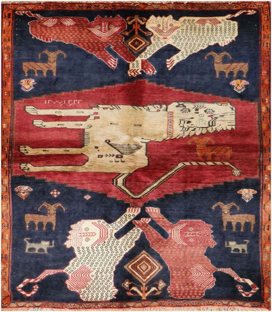 Gabbeh Lion Tribal Wool Rugs Hand Knotted Red Blue Colour - Rugoutlet