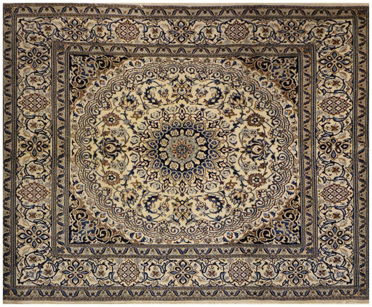 200x200 cm Persian Nain Silk and Wool Rug Blue and ivory - Rugoutlet