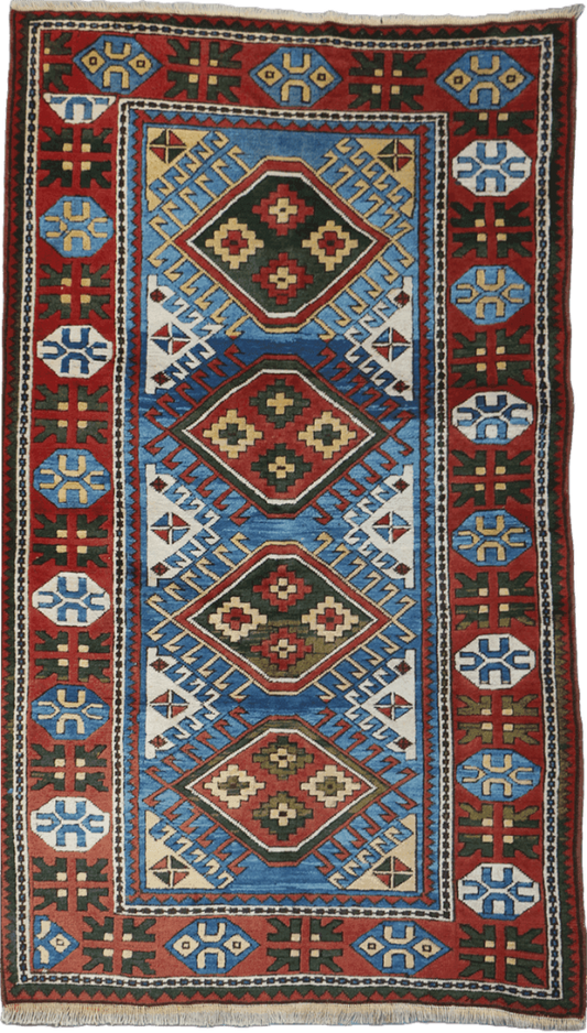 223x134 cm Turkish Karz Wool handmade Red and Blue rug - Rugoutlet