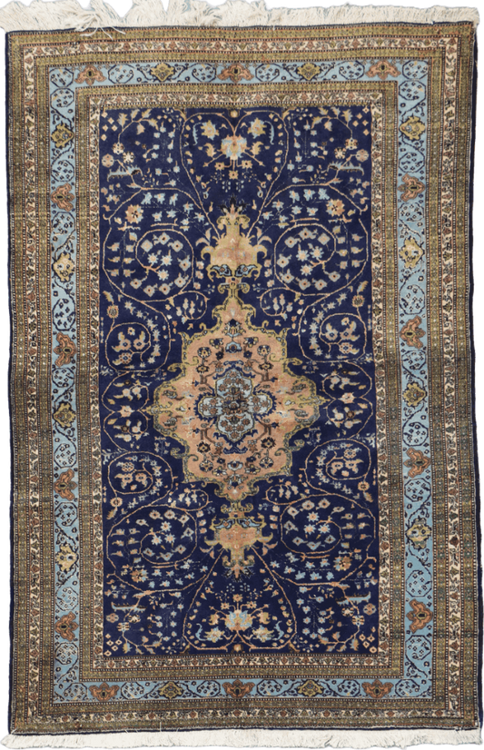 210x140 cm Old Anatolian (Turkish) Gheysari Blue Handmade Silk & Wool Rug - Rugoutlet