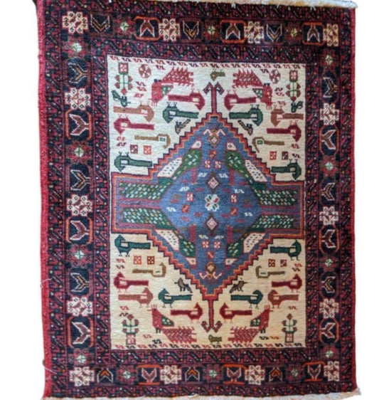 92 x 72 cm Persian Baluch Traditional Red Small Rug - Rugoutlet