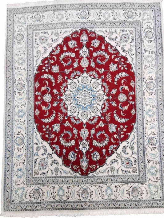 255 x 195 cm Nain Silk & Wool Traditional red and ivory Rug - Rugoutlet