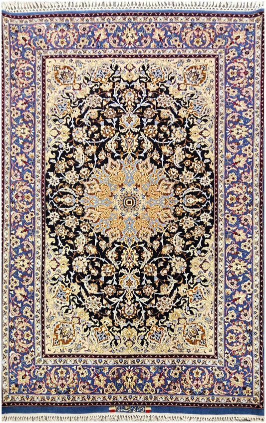 258x153 cm Fine ‘signed’ Isfahan Silk and Wool Handmade black and yellow rug - Rugoutlet
