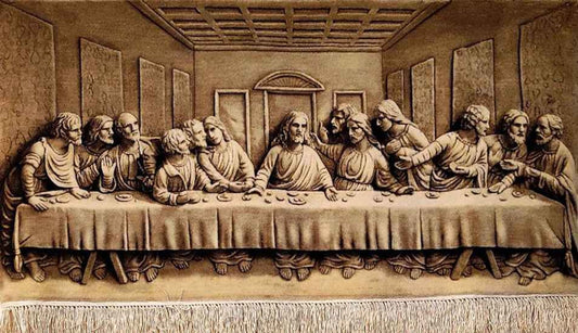 Pictorial hand carved and handmade wool on silk rug depicting the last supper - Rugoutlet