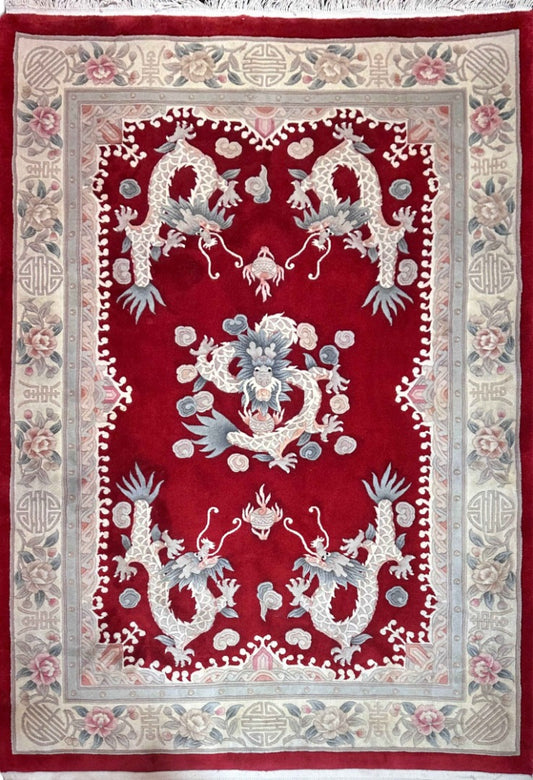 255x170cm Chinese Dragon handmade wool red and beige rug 7091 - Rugoutlet