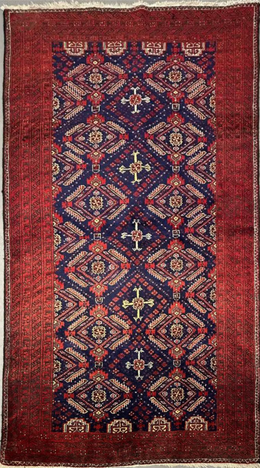 95 x 169 cm Fine Persian Old Baluch Rug Hand-Knotted Red & Blue Colour - Rugoutlet