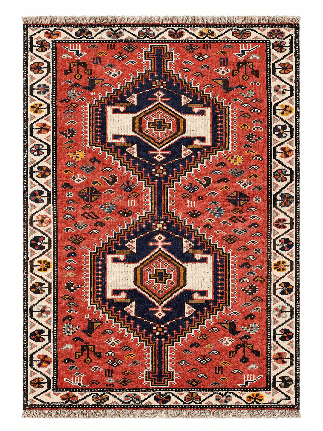 Persian Shiraz Handmade Wool Rug - Red & Beige - 141 x 100 cm