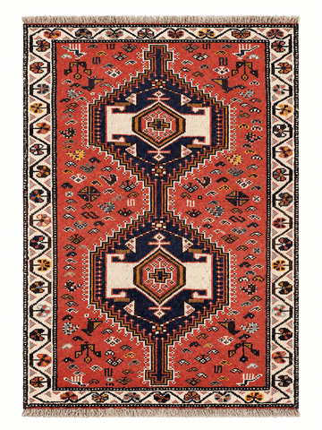 Persian Shiraz Handmade Wool Rug - Red & Beige - 141 x 100 cm