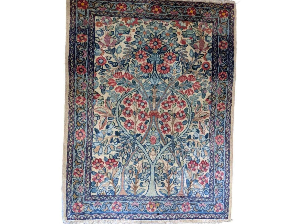 100 x 60 cm Old Kerman Traditional Blue Small Rug - Rugoutlet