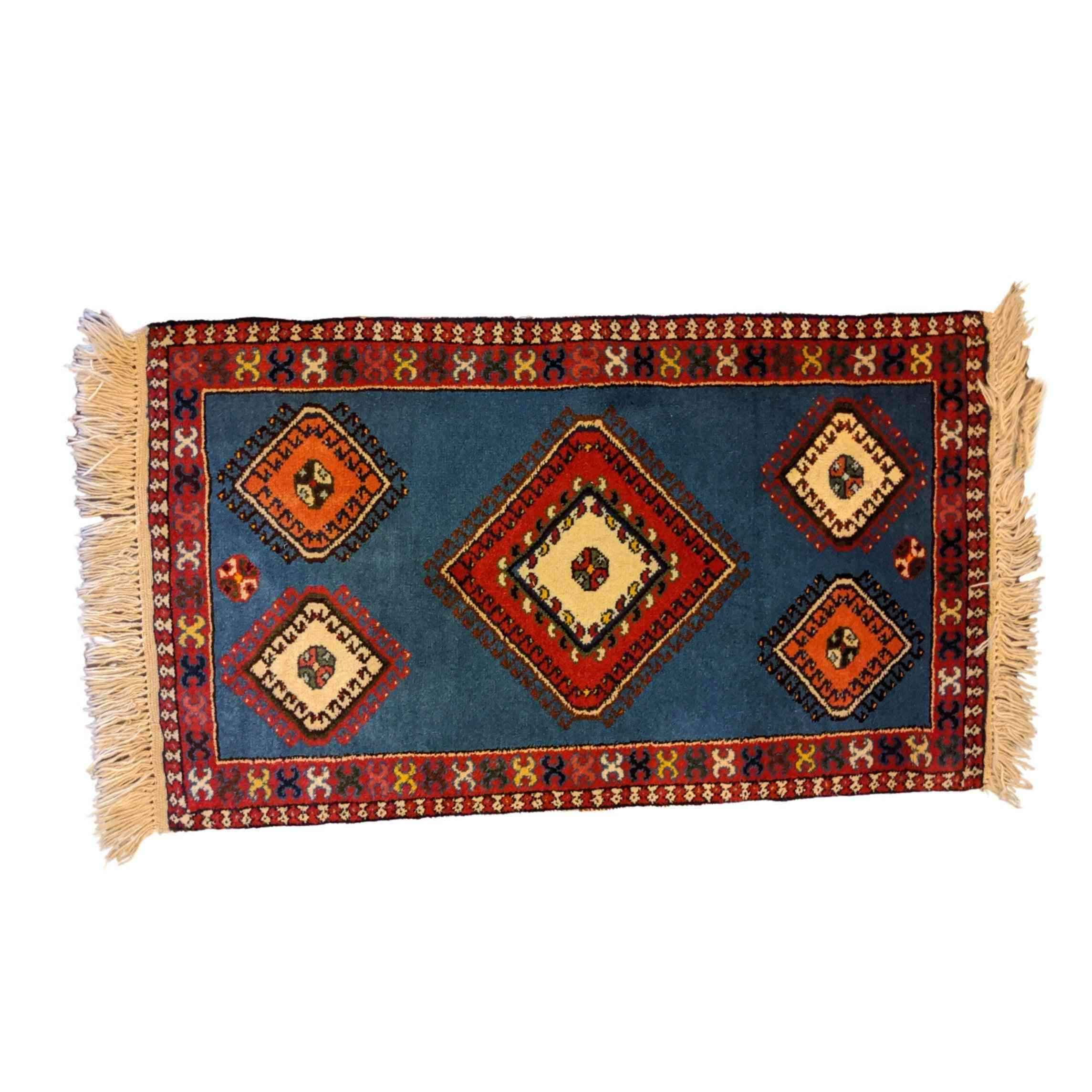 100 x 60 cm Persian Yalameh Tribal Blue Small Rug - Rugmaster