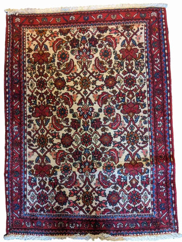 120 x 90 cm Persian Hamadan Geometric Beige Small Rug - Rugmaster