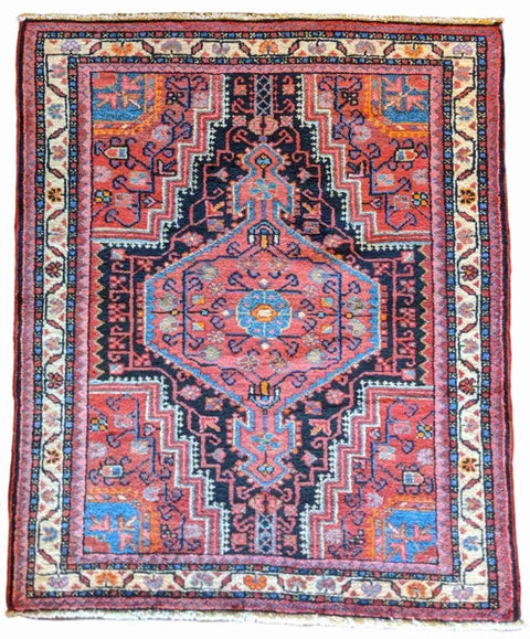 120 x 93 cm Persian Hamadan Geometric Red Small Rug - Rugoutlet