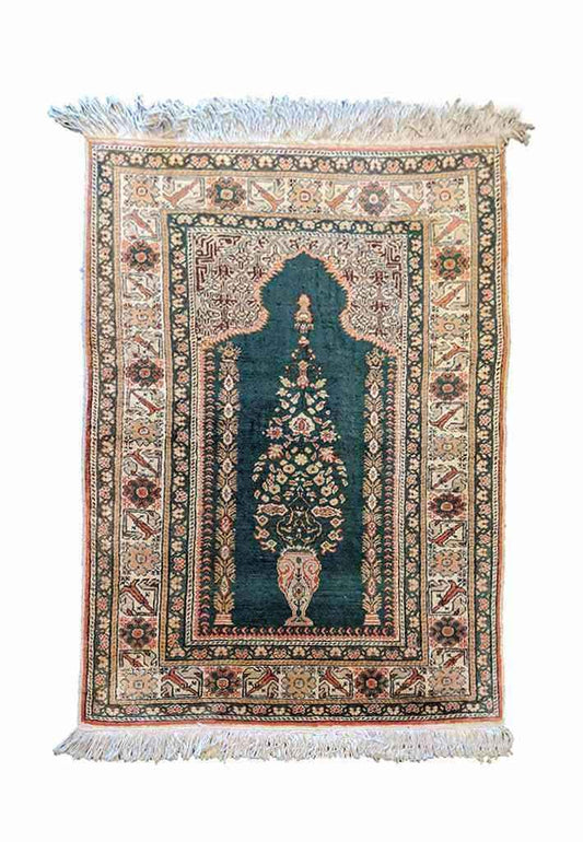 130 x 94 cm Turkish prayer silk Traditional Brown Small Rug - Rugmaster