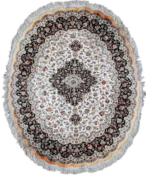 134 x 210 cm Fine Persian Oval Ghom silk Round Black Rug - Rugoutlet