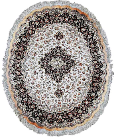 134 x 210 cm Fine Persian Oval Ghom silk Round Black Rug - Rugoutlet