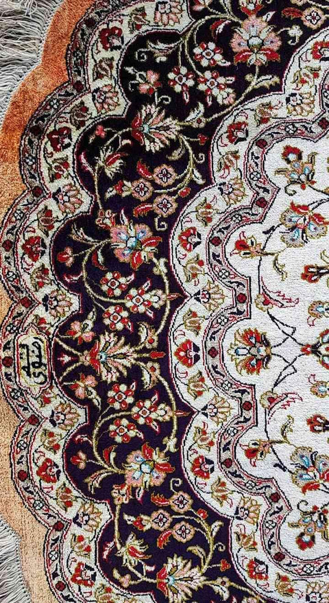 134 x 210 cm Fine Persian Oval Ghom silk Round Black Rug - Rugoutlet