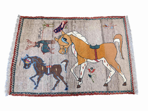 143 x 101 cm Nomadic Qashqai Tribal Yellow Horse Rug - Rugoutlet