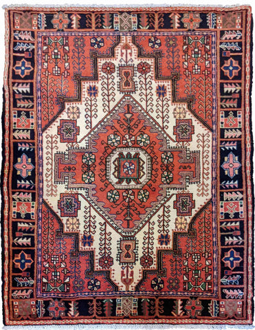 150 x 110 cm Persian Hamadan Traditional Terracotta Rug - Rugoutlet