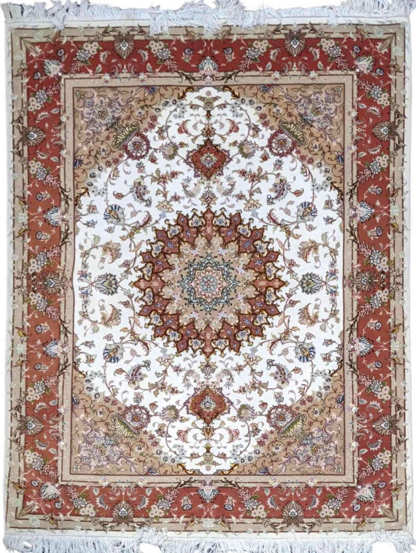 150 x 200 cm Fine silk and wool Tabriz Traditional White Rug - Rugoutlet