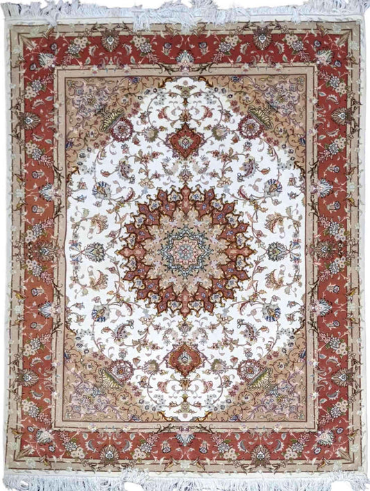 150 x 200 cm Fine silk and wool Tabriz Traditional White Rug - Rugmaster