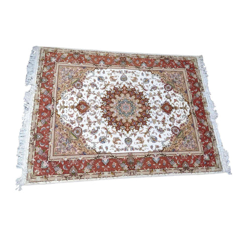 150 x 200 cm Fine silk and wool Tabriz Traditional White Rug - Rugmaster