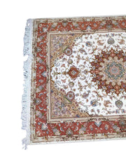 150 x 200 cm Fine silk and wool Tabriz Traditional White Rug - Rugmaster