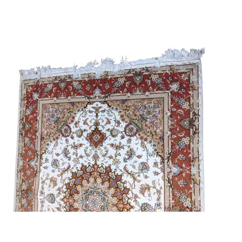 150 x 200 cm Fine silk and wool Tabriz Traditional White Rug - Rugmaster