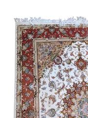 150 x 200 cm Fine silk and wool Tabriz Traditional White Rug - Rugmaster