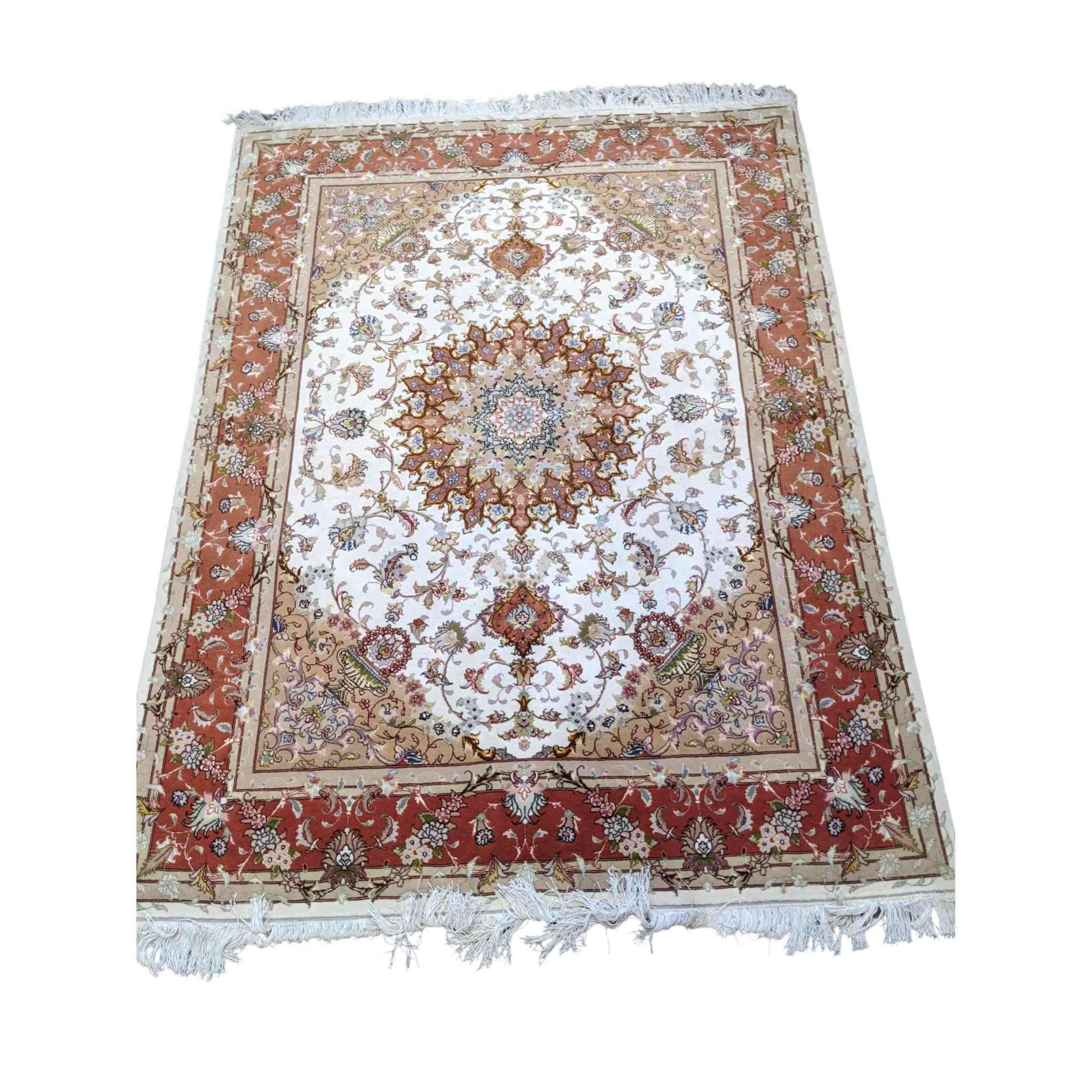 150 x 200 cm Fine silk and wool Tabriz Traditional White Rug - Rugmaster