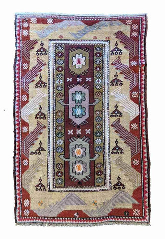 152 x 92 cm Old Turkish Milas Antique Multi coloured Rug - Rugoutlet