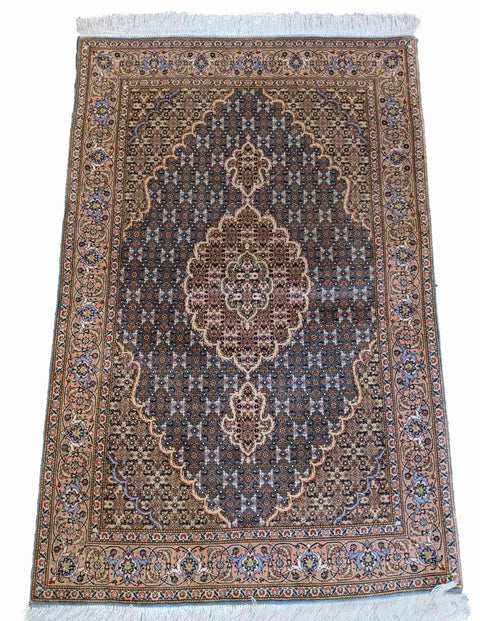 153 x 102 cm Fine Tabriz mahi silk and wool Traditional Blue Rug - Rugoutlet