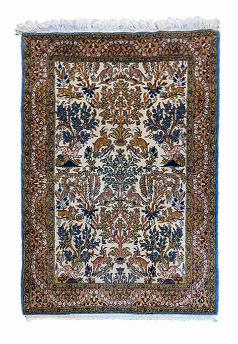 157 x 106 cm (5.15 x 3.48 ft) Fine Persian QUM Silk & Wool Traditional Multi coloured Rug - Rugoutlet