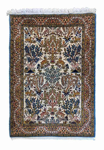 157 x 106 cm (5.15 x 3.48 ft) Fine Persian QUM Silk & Wool Traditional Multi coloured Rug - Rugoutlet